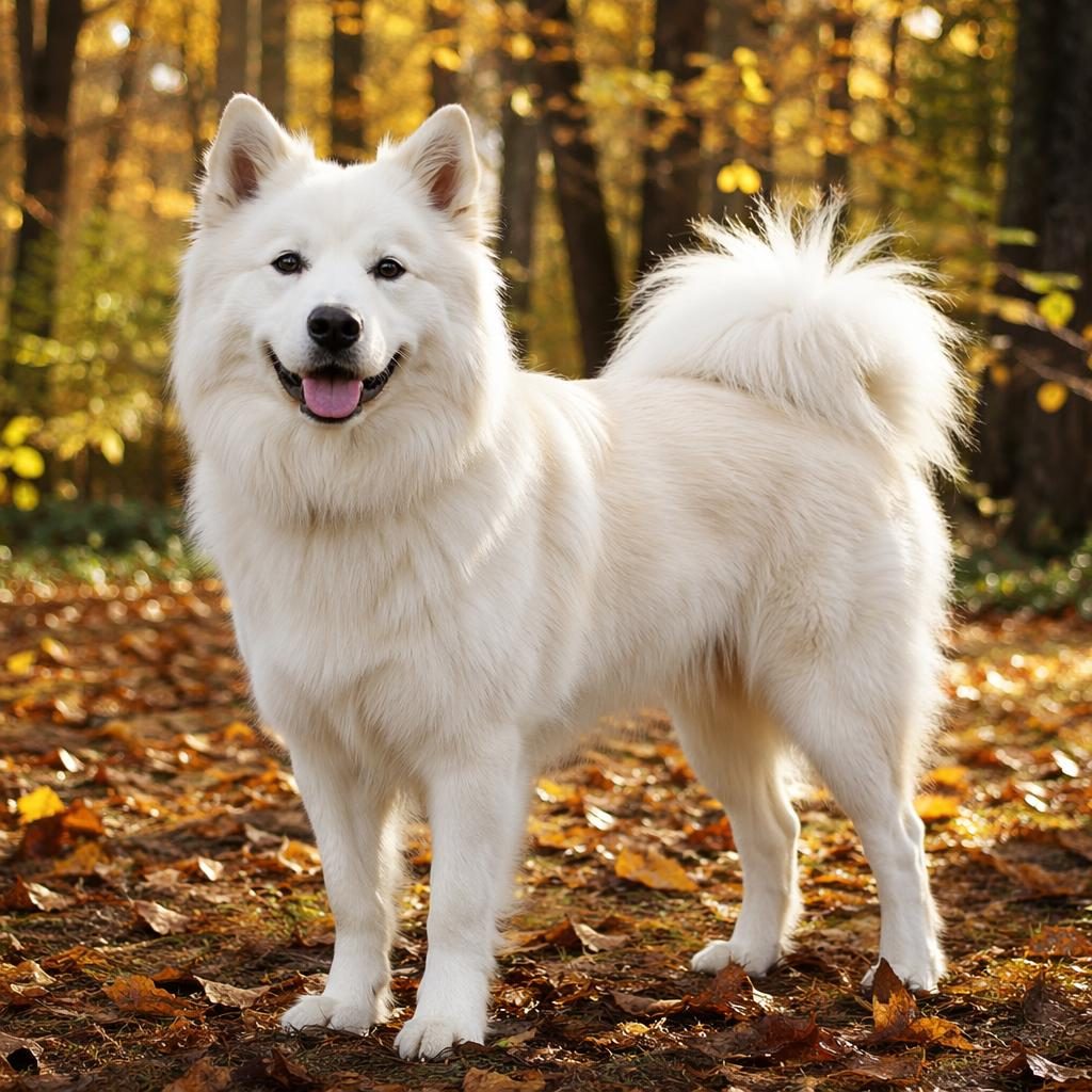 Single realistic samoyed mix dog with golden coat in an autumn forest, relaxed expression, soft natural light