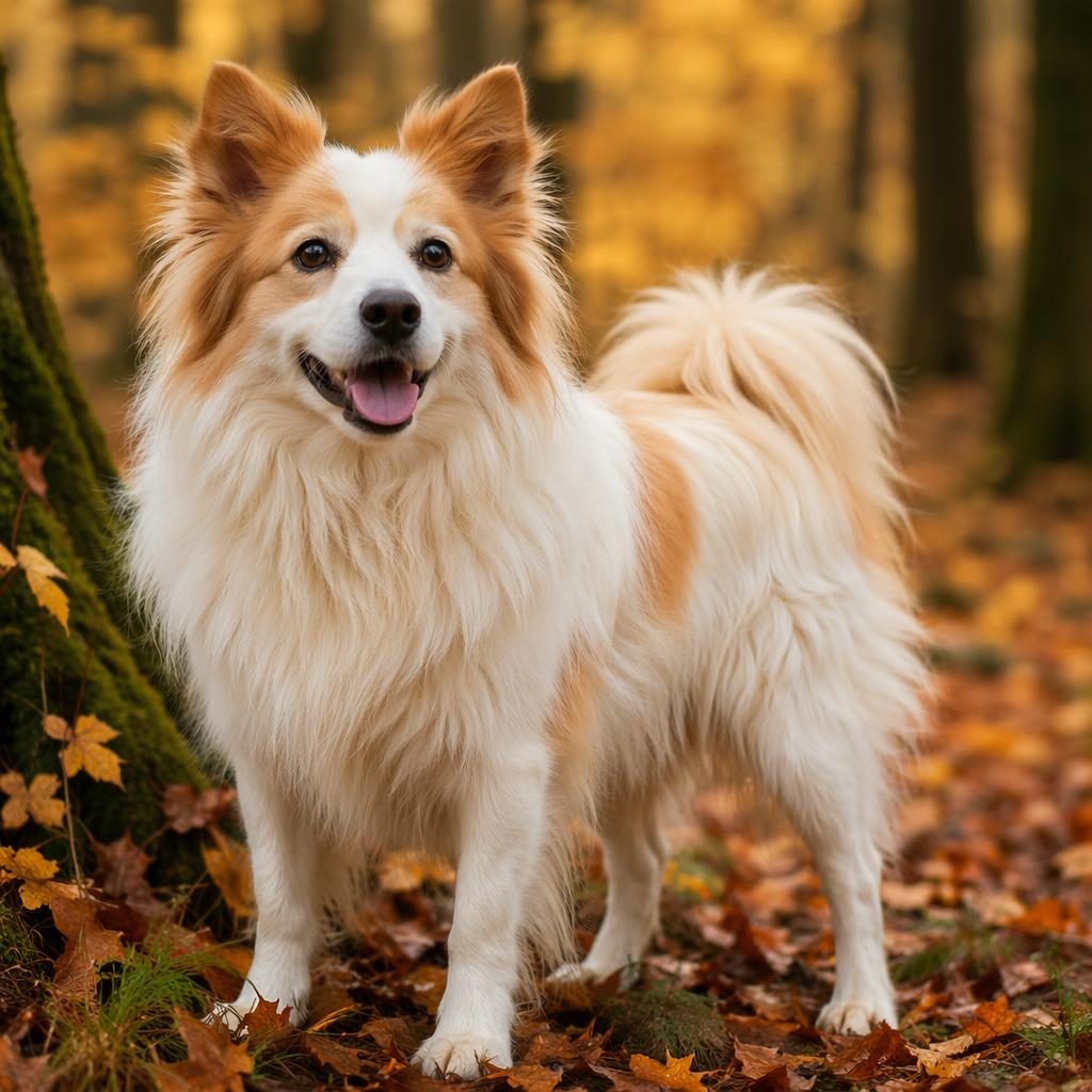 Senior-Hund als Pomelo Hunderasse Mix im Studio vor herbstlichem Wald, freundlich, gepflegt, mit weichem Licht