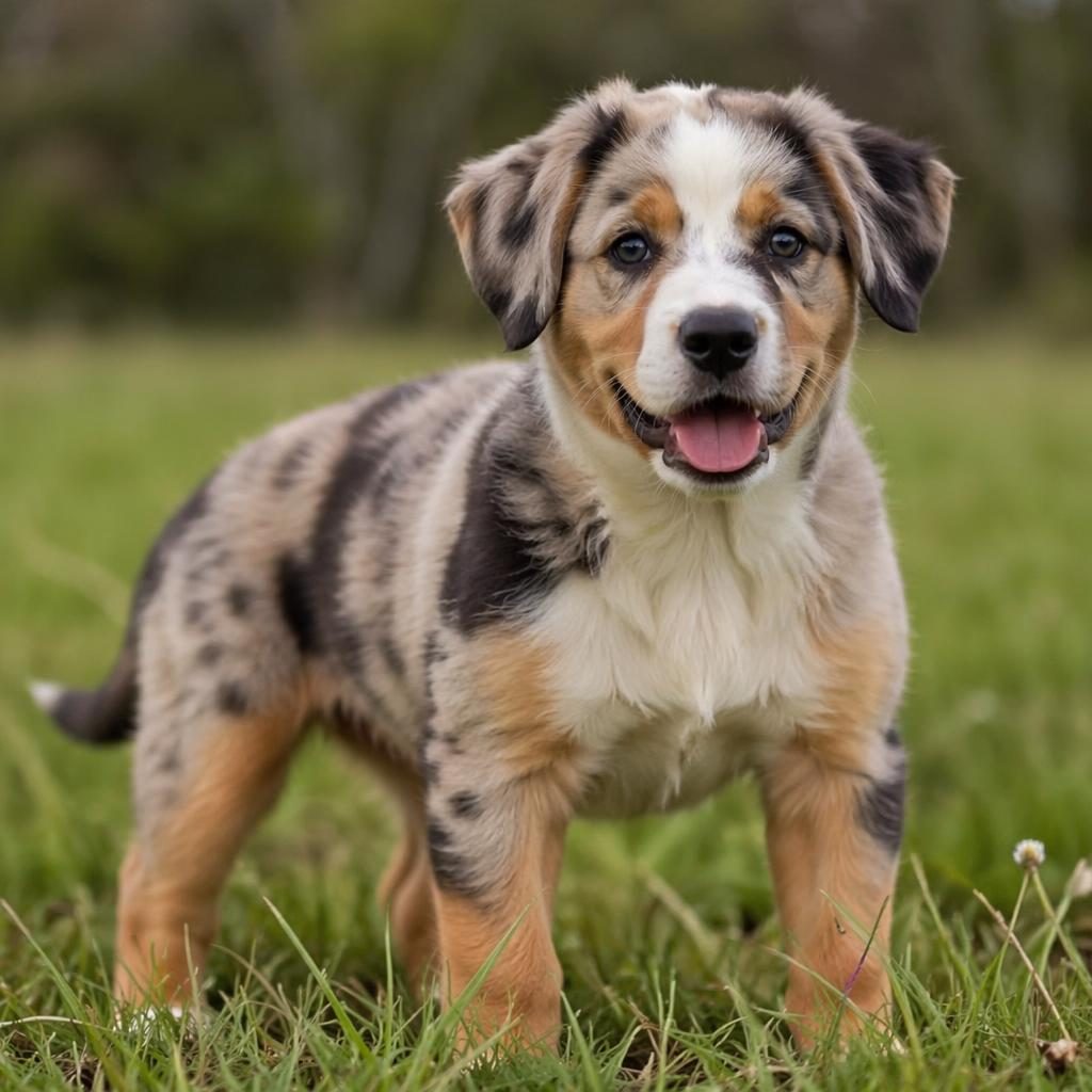 Single young adult Bulldog and Australian Shepherd mix dog standing in a grass meadow, relaxed and well-groomed