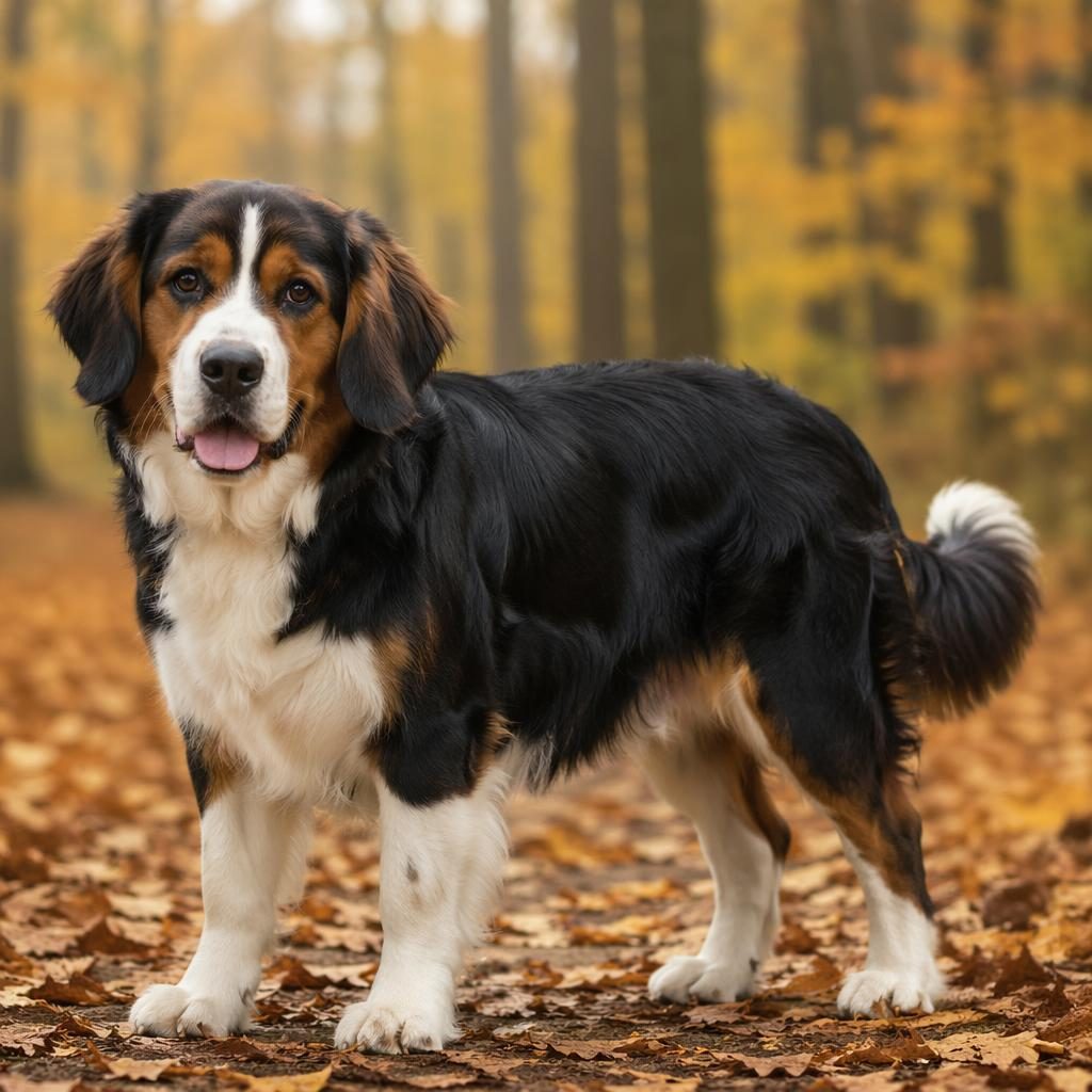 Fotorealistische Illustration eines einzelnen jungen Hundes im Herbstwald, freundlich, mit kurzem Fell und natürlichem Licht.