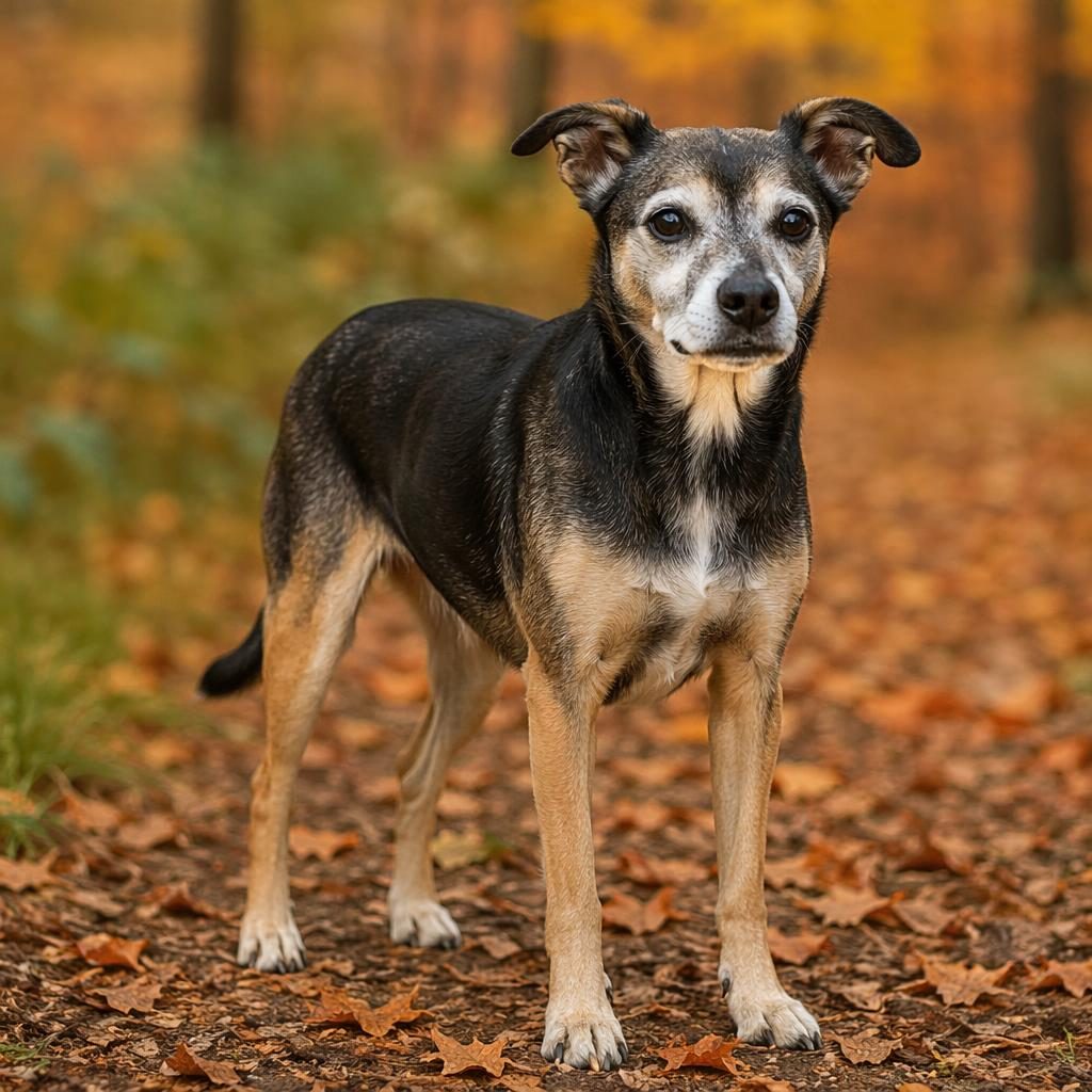 Chien senior croisé en studio, pelage naturel, expression détendue, lumière douce, décor de forêt d’automne.