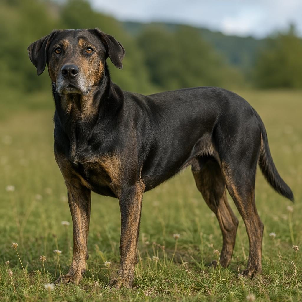 Photo-real illustration of a senior plott hound lab mix dog standing in a grass meadow with soft light and relaxed expression.