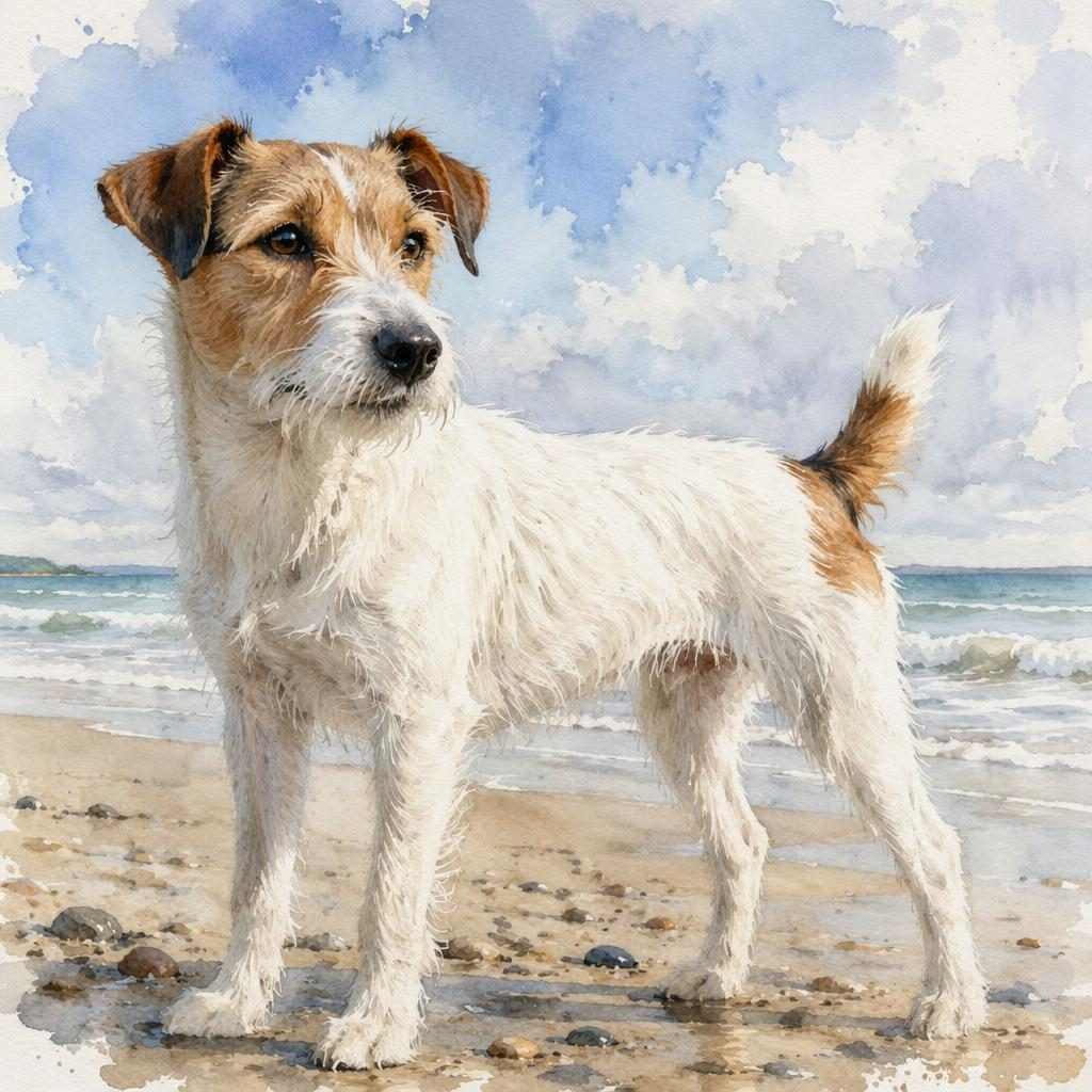 Ein einzelner freundlicher Mischling im Aquarellstil am Strand, mit realistischer Fellstruktur und natürlichem Licht.