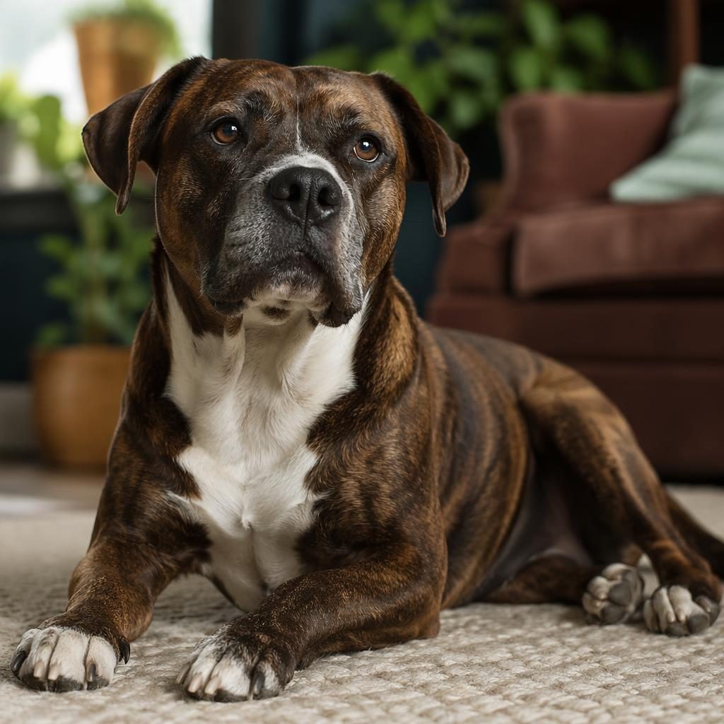 Photo-real illustration of a senior hybrid dog resting in a cozy living room with soft light, blended terrier-boxer traits.