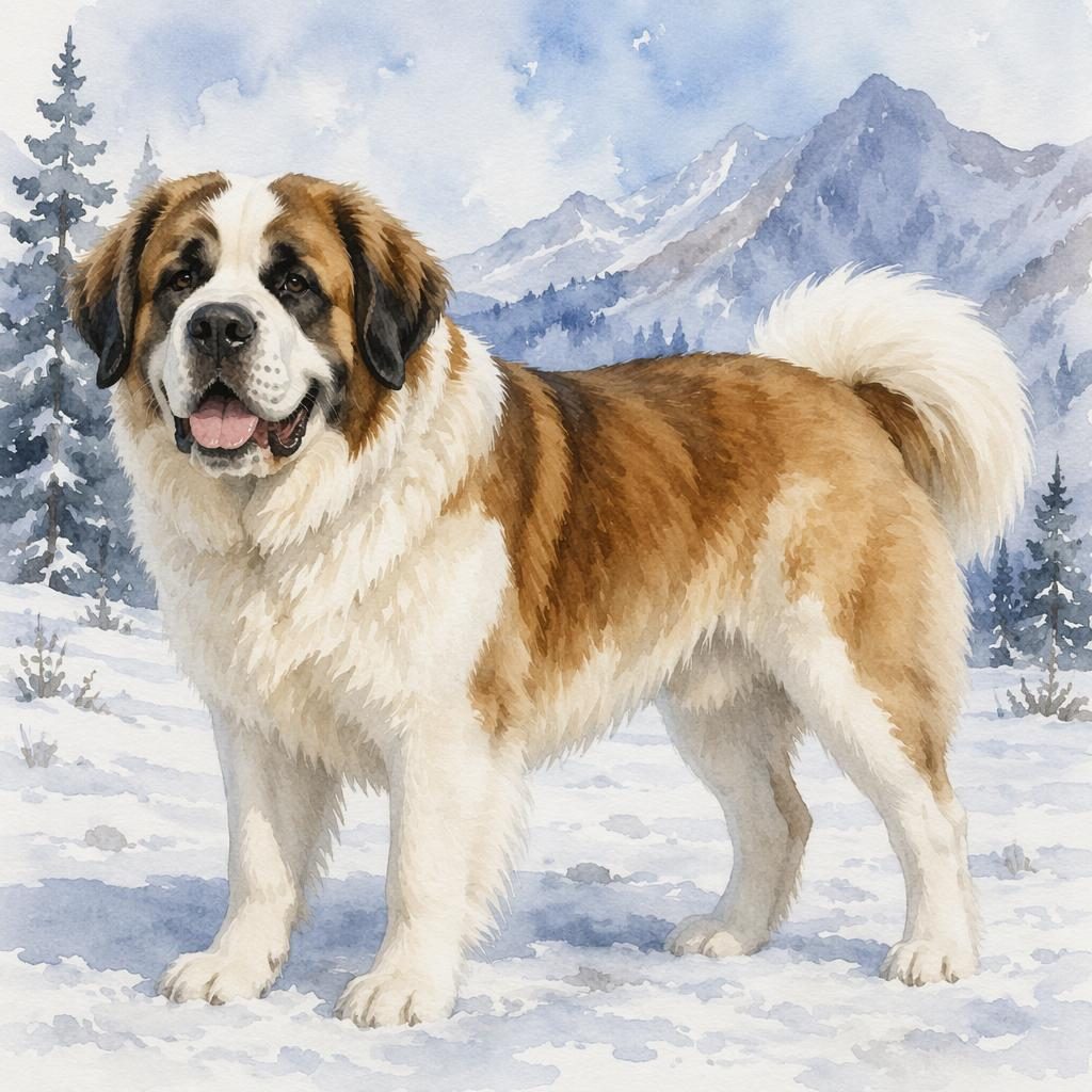 Watercolor-style adult hybrid dog with Labrador and Akita traits standing in a snowy landscape, relaxed and well-groomed.
