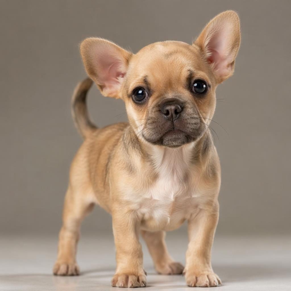 Studio portrait of a single chihuahua and french bulldog mix puppy on a soft neutral background, relaxed and well groomed.