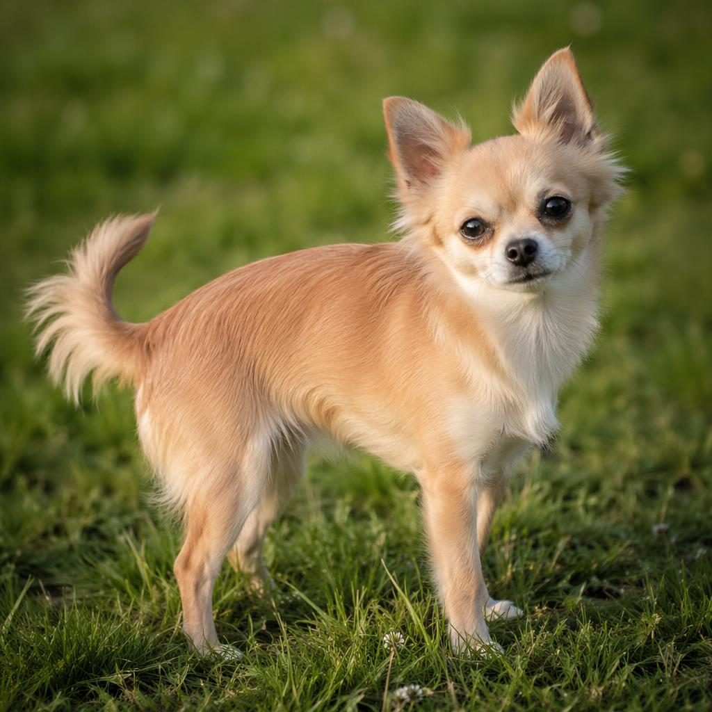 Kleiner Chihuahua-Pomeranian-Mix steht entspannt auf einer Wiese bei weichem Tageslicht