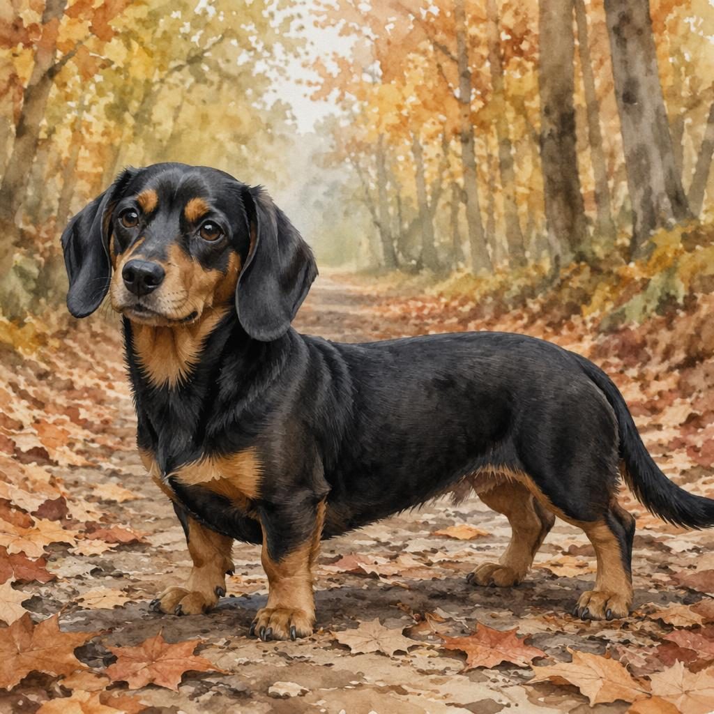 Junger Beagle-Dackel-Mix mit schwarzem Fell im herbstlichen Wald, freundlich, entspannt, realistisch im Aquarellstil.