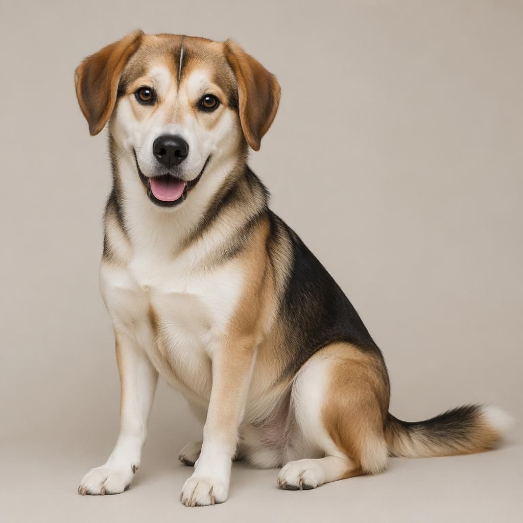 Adult beagle husky mix dog with balanced traits, relaxed expression, neutral studio background and soft natural light