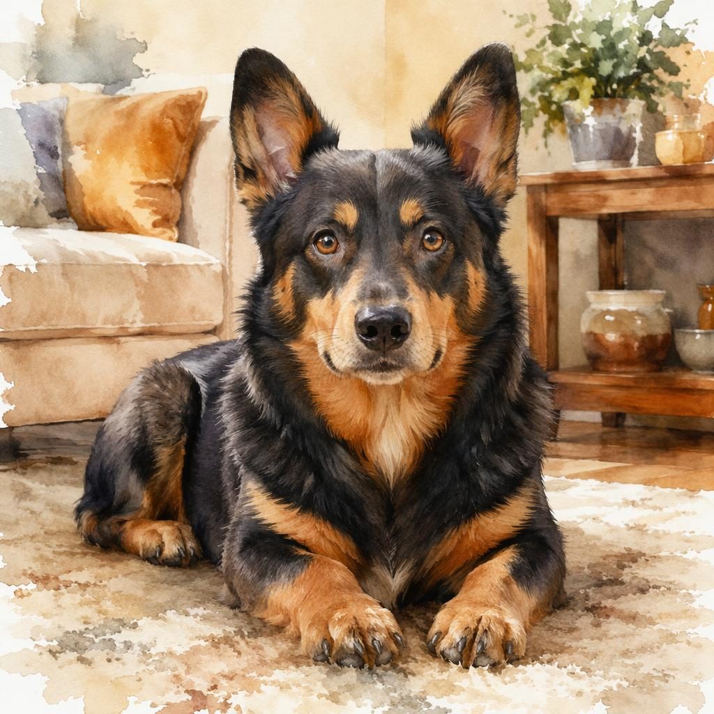 Senior hybrid dog with French Bulldog and Samoyed traits resting in a cozy living room, watercolor style