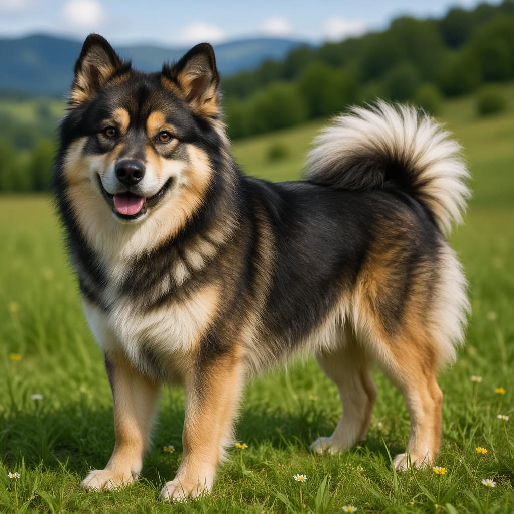 Illustration eines einzelnen Pomeranian-Husky-Mix im Seniorenalter auf einer Wiese, freundlich und fotorealistisch