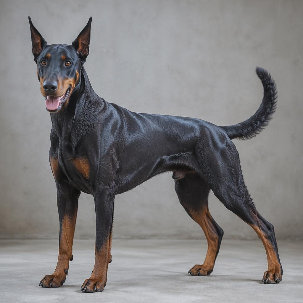 Fotorealistyczny pies robot, miks dobermana i pudla, czarny podpalany, na neutralnym tle w miękkim świetle