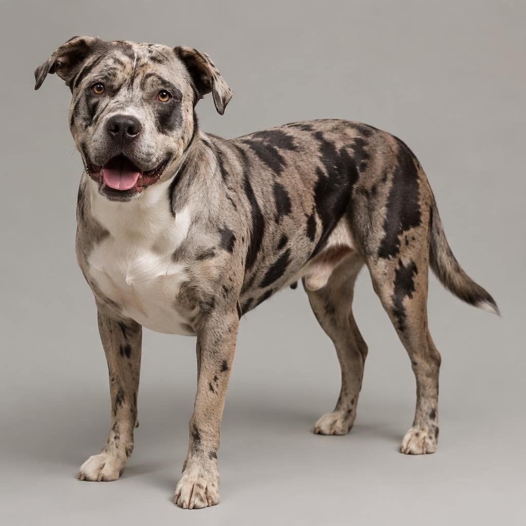 Studio portrait of a single relaxed hybrid dog with pug and border collie traits on a soft neutral background
