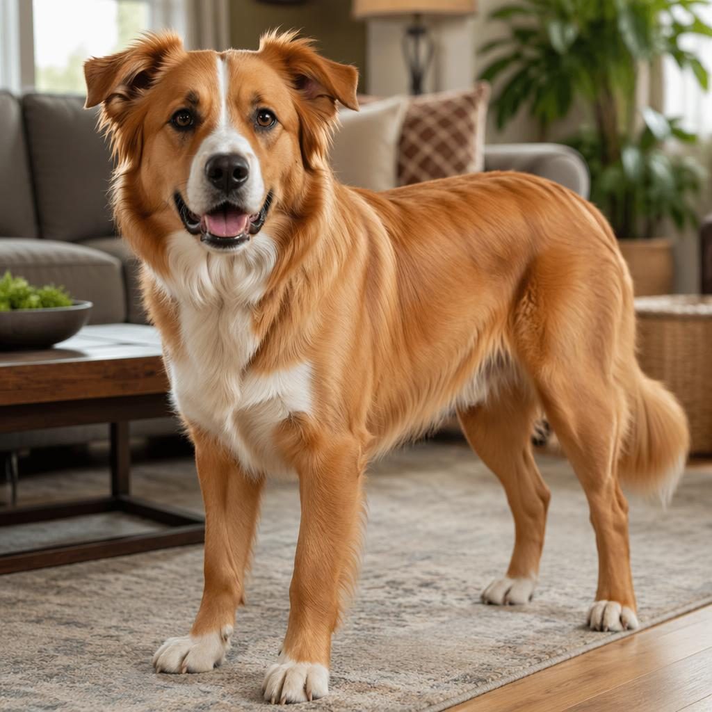 Photo-real illustration of a friendly boxer cross dog relaxing in a cozy living room with soft natural light.