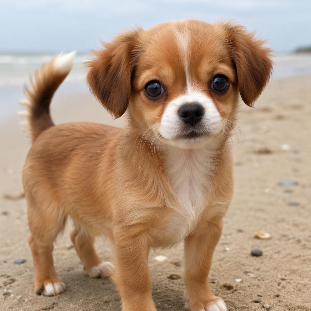 Chiot croisé type shiba inu et beagle sur une plage, pelage réaliste, expression douce, lumière naturelle.