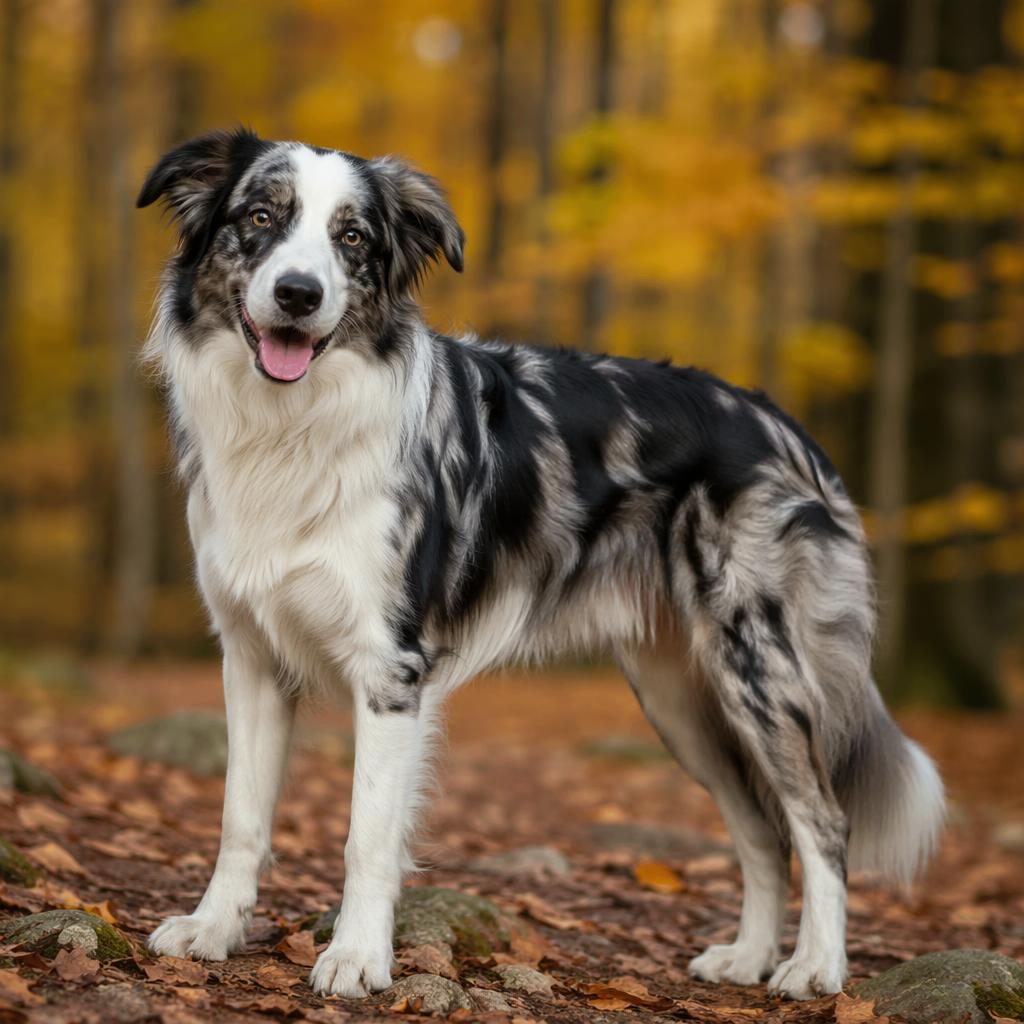 Chien croisé jeune adulte, pelage dense type malamute et allure douce, seul en forêt d’automne, lumière naturelle