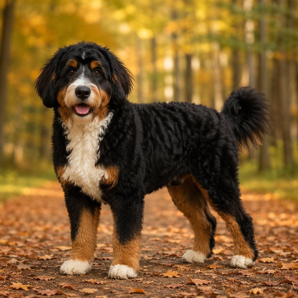 Illustration eines einzelnen freundlichen Hundes im Herbstwald mit weichem Licht, gepflegtem Fell und fotorealistischer Textur.