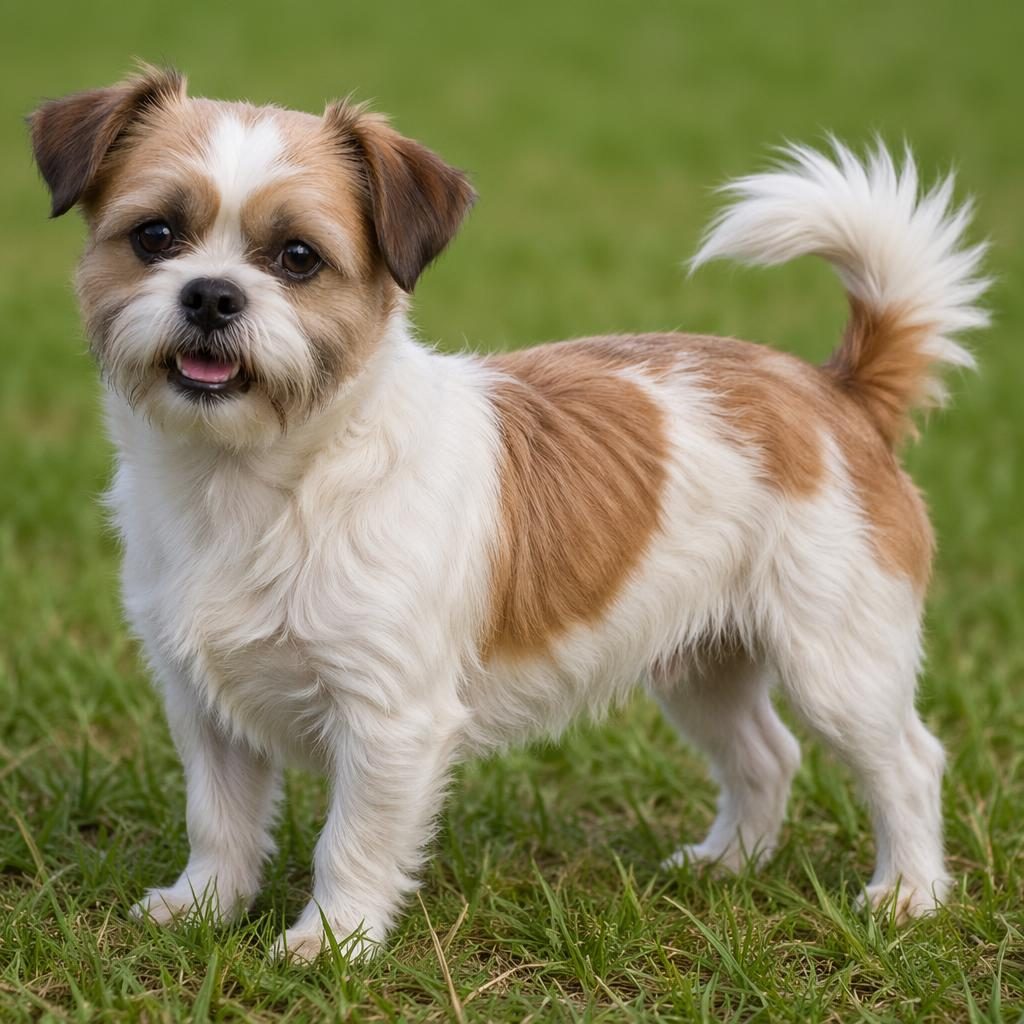 Photoreal illustrated senior Shih Tzu Jack Russell mix dog standing in a grass meadow with soft light and friendly expression.