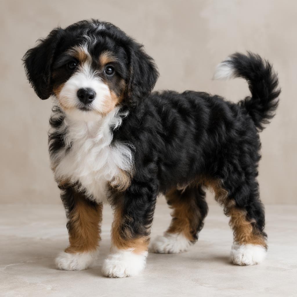 Chiot bichon caniche croisé seul en studio, pelage soigné, expression douce, fond neutre et lumière naturelle