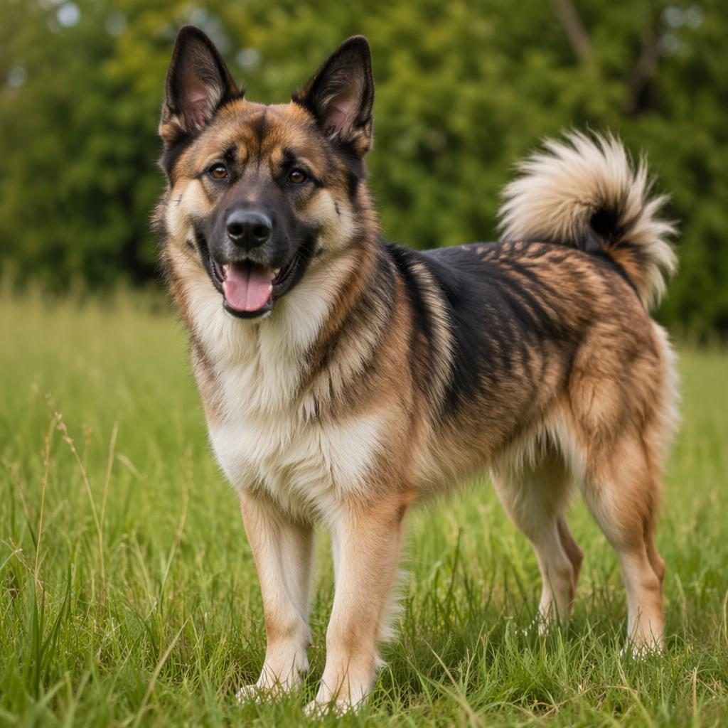Perro mestizo joven tipo malinois akita en pradera verde, pelaje realista, expresión amigable y luz natural suave.