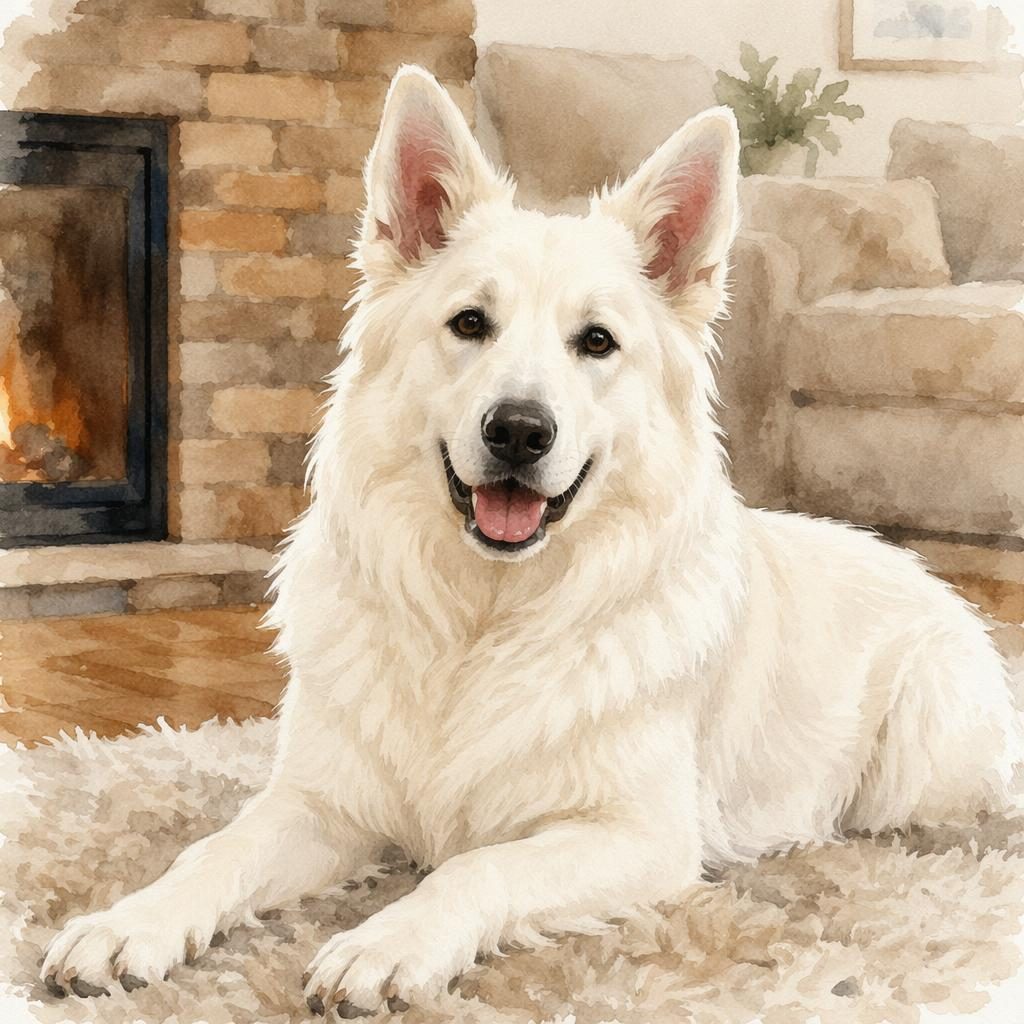 Watercolor portrait of a senior mixed-breed dog in a cosy living room with soft light, relaxed pose, and realistic fur.