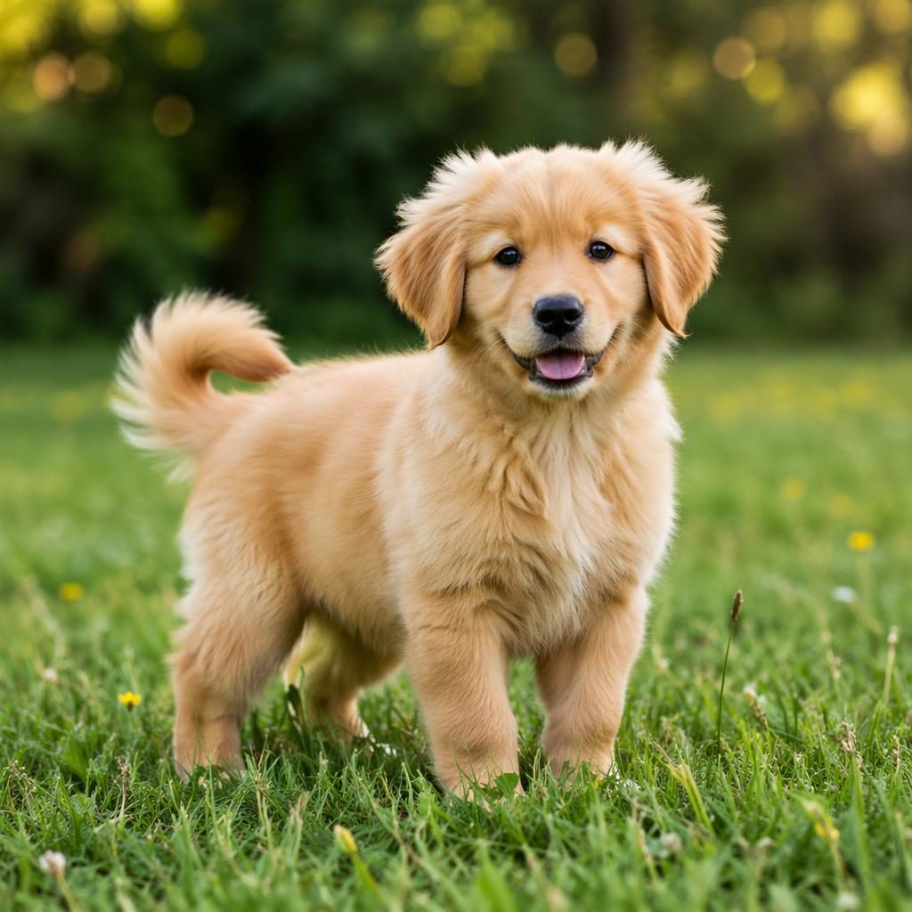 Filhote mix de Golden Retriever com Lulu da Pomerânia em campo gramado, pelagem dourada fofa e expressão calma