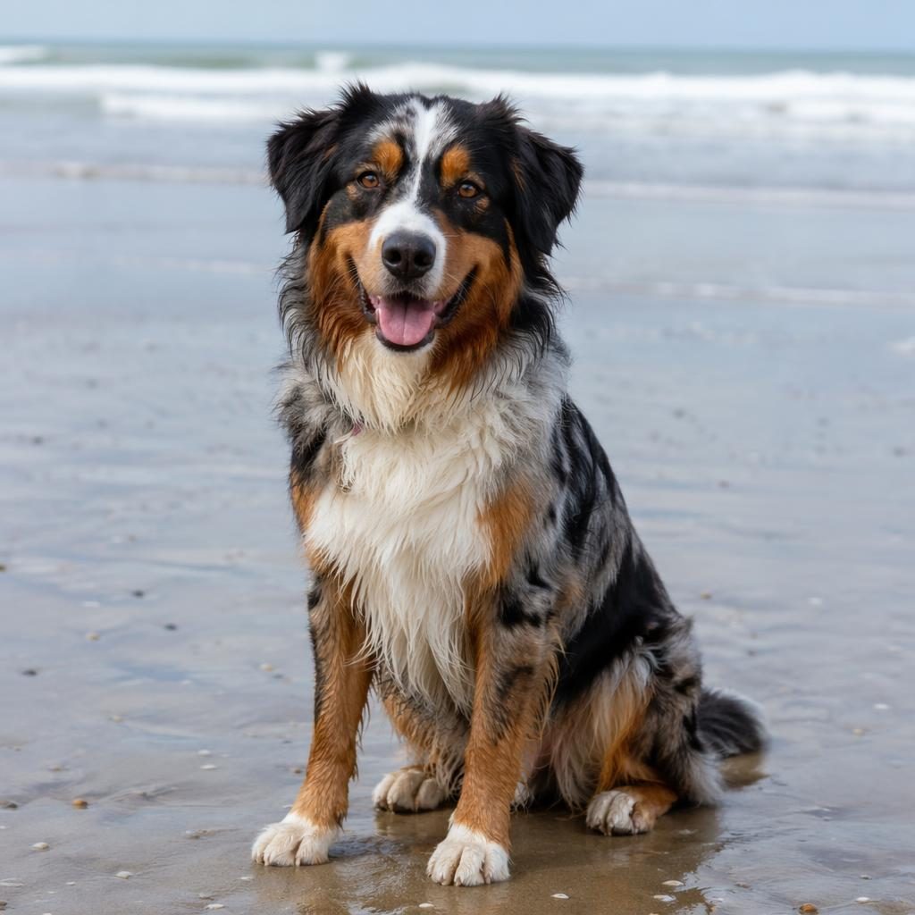 Portrait éditorial d’un chien adulte seul sur la plage, pelage rare, expression amicale, lumière naturelle douce.