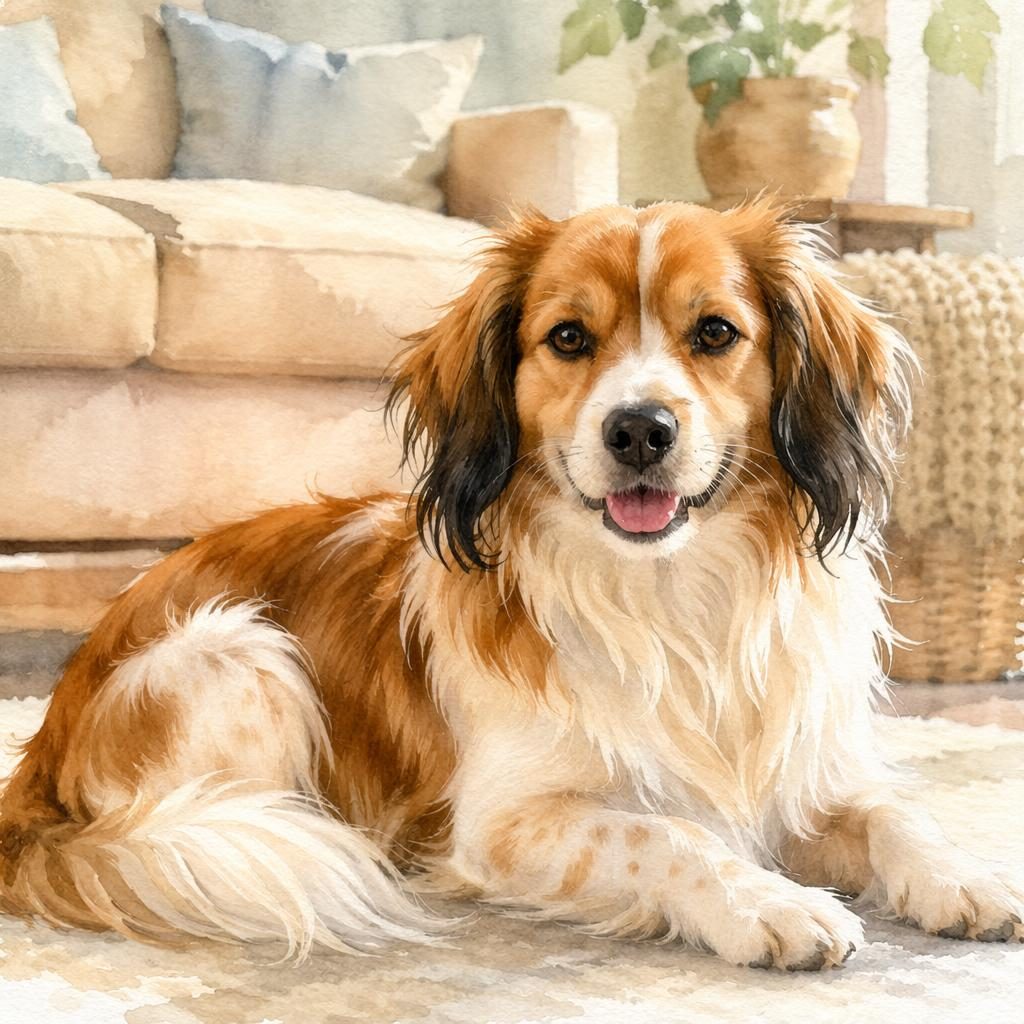 Ein einzelner freundlicher Kooikerhondje-Havaneser-Mischling als Aquarell in einem gemütlichen Wohnzimmer.