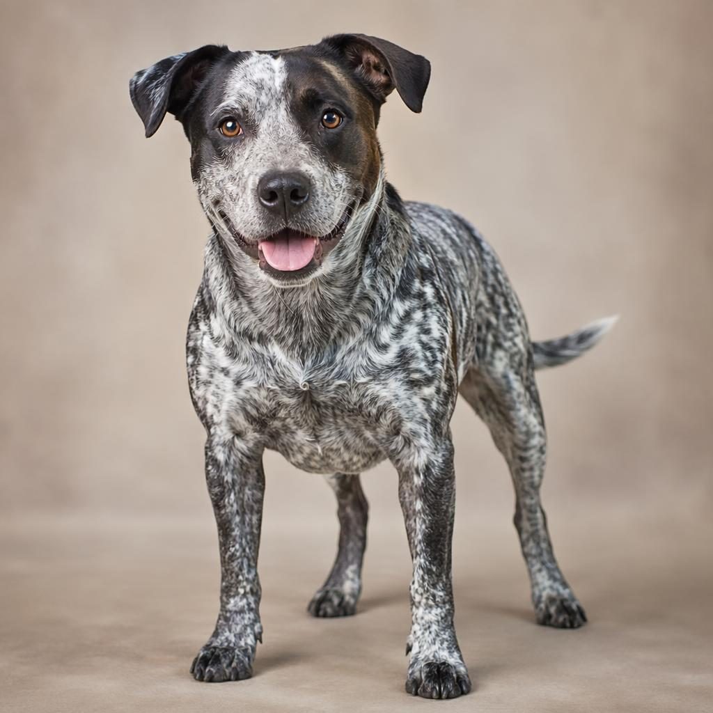 Editorial portrait of a single relaxed adult mixed-breed dog on a soft neutral background with realistic fur detail