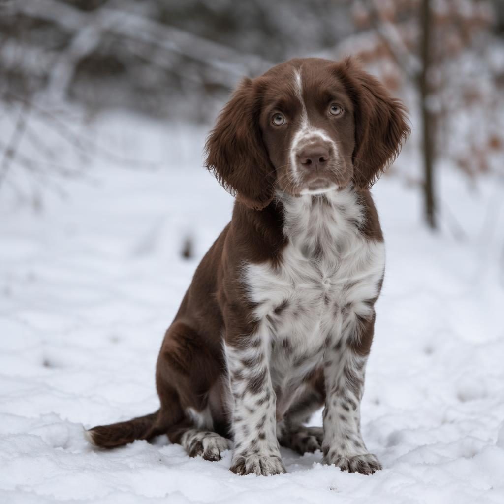 Single fluffy mixed-breed puppy with spaniel ears and sturdy build, posed in a snowy studio setting with soft light