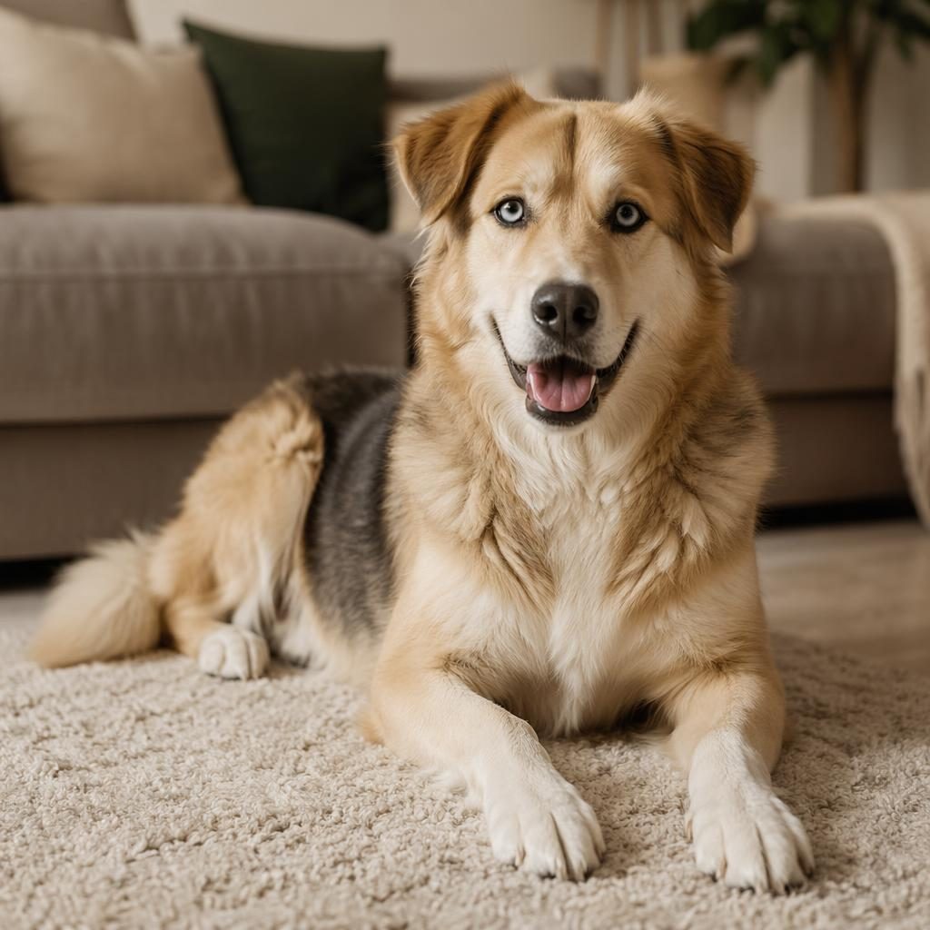 Chien senior seul, style studio, pelage réaliste, détendu dans un salon cosy avec lumière naturelle douce.
