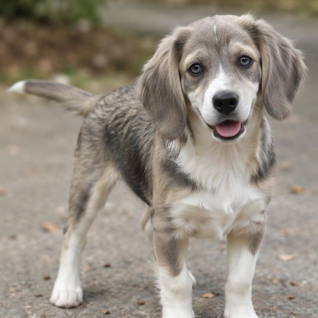 Photo-real puppy aspin crossbreed outdoors with soft neutral background, relaxed expression, sharp fur detail