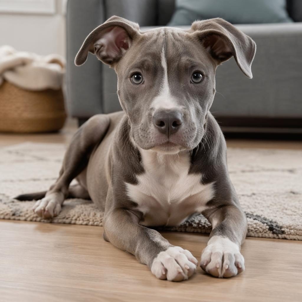 Studio portrait of a senior pitbull greyhound mix dog resting in a cosy living room with soft natural light.