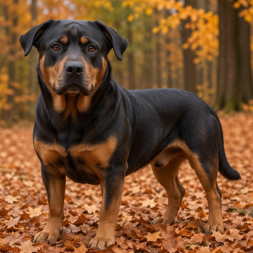 Senior Mischlingshund im Herbstwald mit freundlichem Blick, natürlichem Fell, weichem Licht und realistischer Fellstruktur