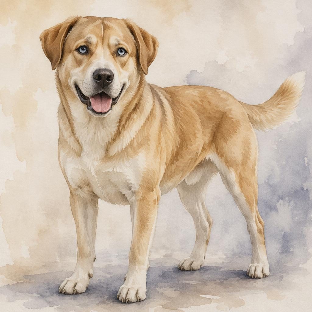 Ein einzelner erwachsener Mischlingshund im Aquarellstil vor neutralem Hintergrund, freundlich, gepflegt und fotorealistisch