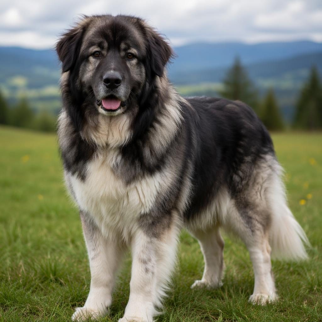 Senior mixed-breed dog in a grass meadow, studio-style portrait with soft light, relaxed expression, and detailed fur