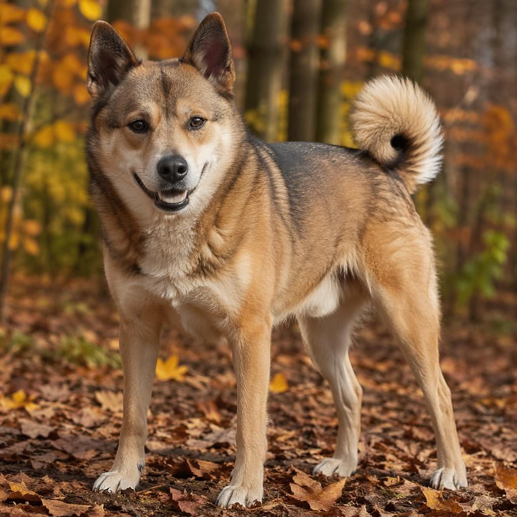 Senior spitz mix dog standing alone in an autumn forest, relaxed and friendly, with realistic fur and soft natural light.