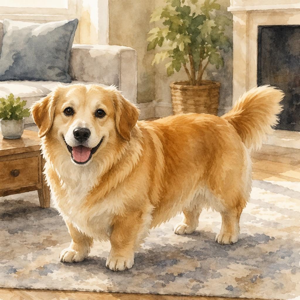 Senior Corgi-Husky-Mix mit goldenem Fell im gemütlichen Wohnzimmer, freundlich, entspannt, in weichem Licht