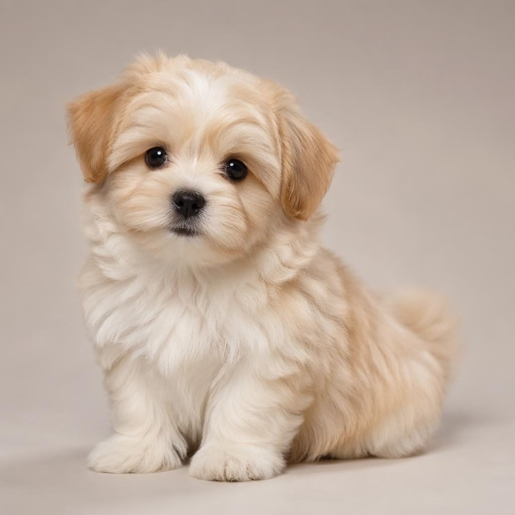 Fotorealistyczny szczeniak mix pomeranian i maltańczyk w studiu, na neutralnym tle, z puszystą sierścią.