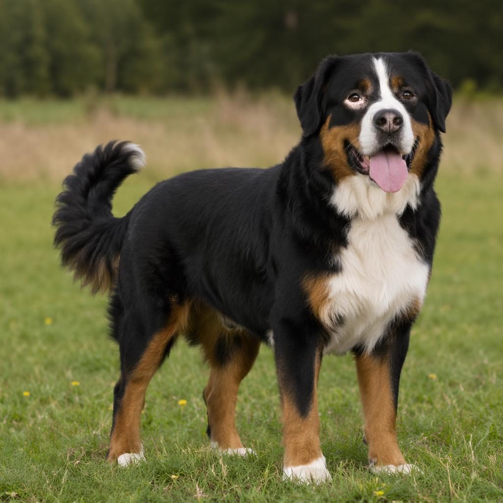 Chien seul bouvier bernois croisé saint bernard, jeune adulte, debout dans une prairie, lumière naturelle douce.