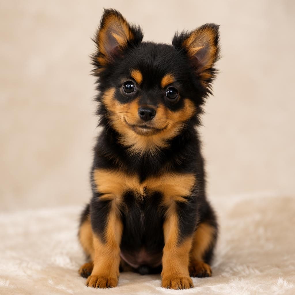 Editorial portrait of a single mini pinscher pomeranian crossbreed puppy on a soft neutral background.