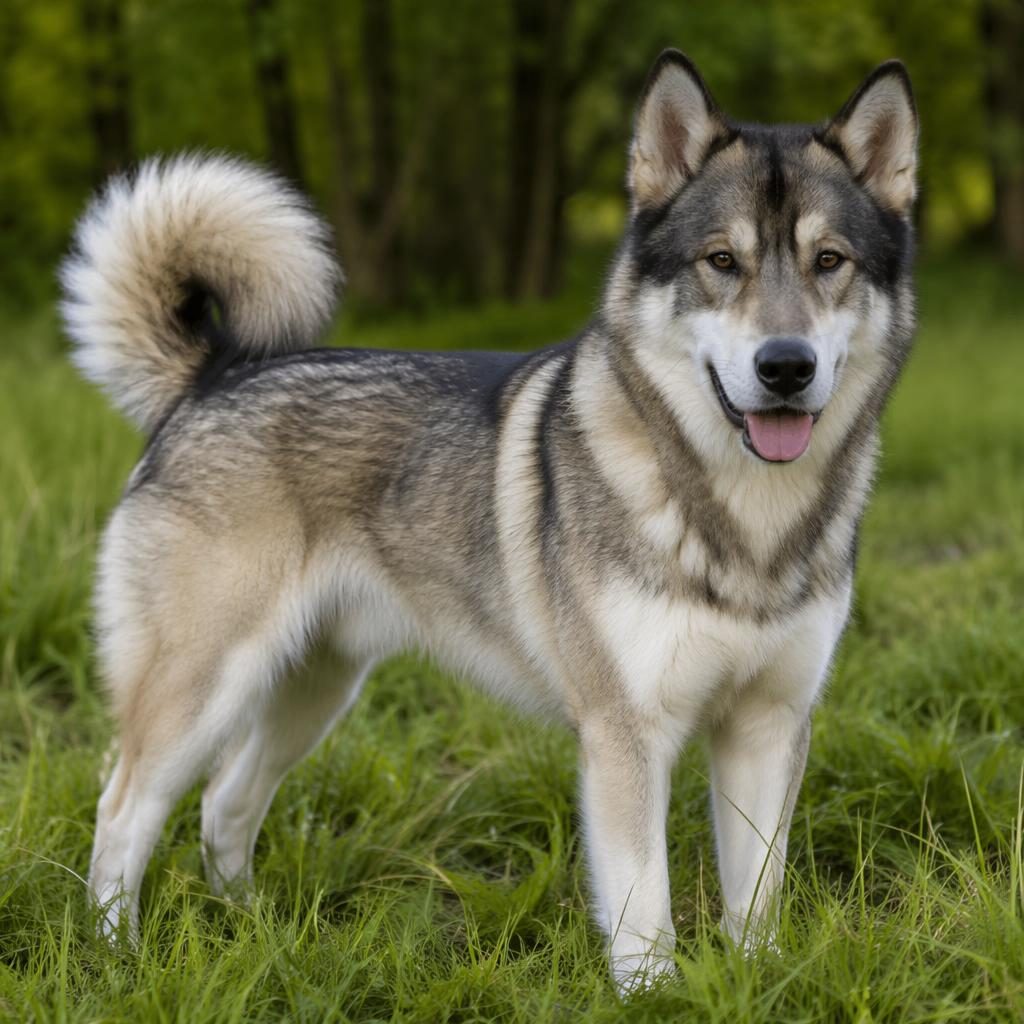Ein einzelner junger Hundemix aus Alaskan Malamute und Malteser steht entspannt auf einer grünen Wiese im weichen Licht.