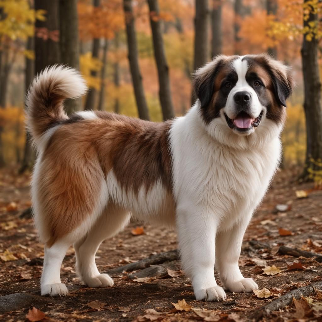 Ein einzelner junger Hund im Herbstwald, Malamute-Maltese-Mix, freundlich, gepflegt, mit weichem Fell und natürlichem Licht.