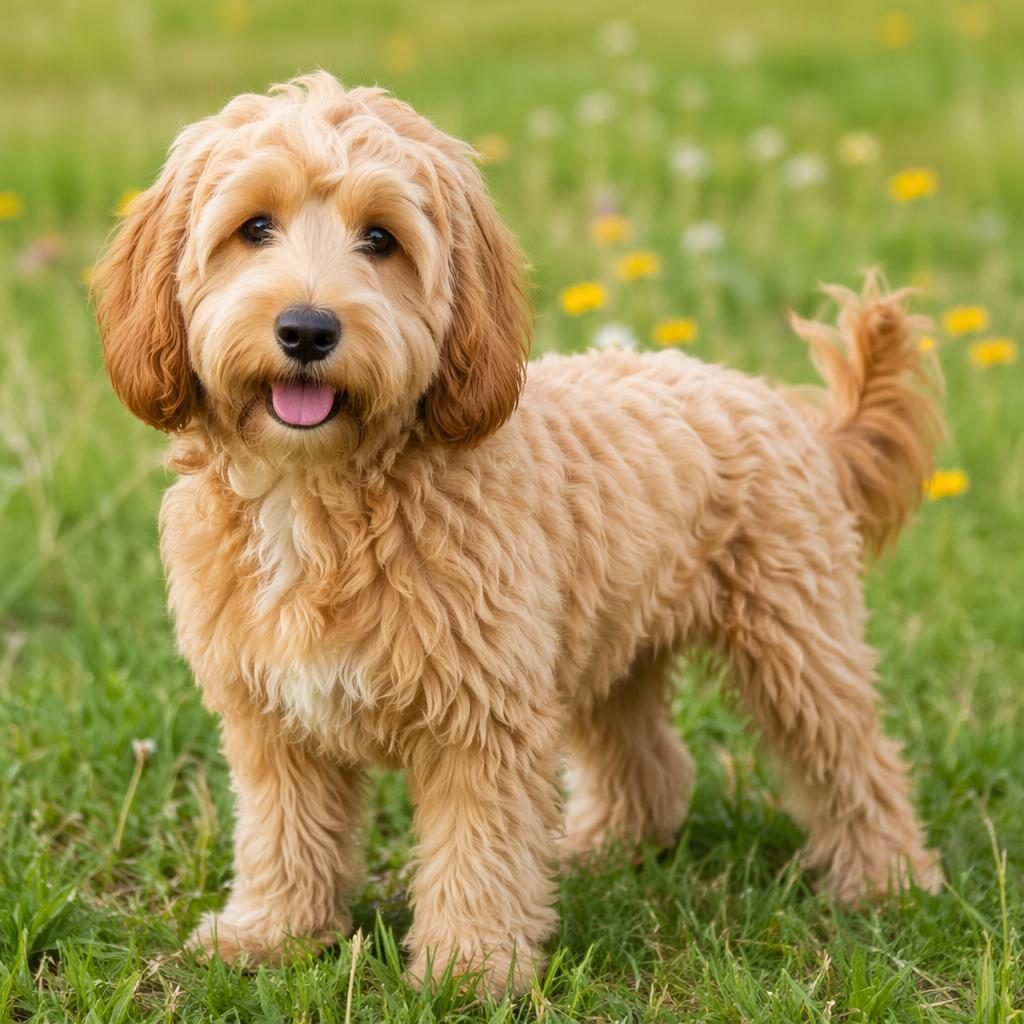 Single young adult havanese poodle mix dog in a grass meadow, relaxed and friendly, with soft light and detailed fur.