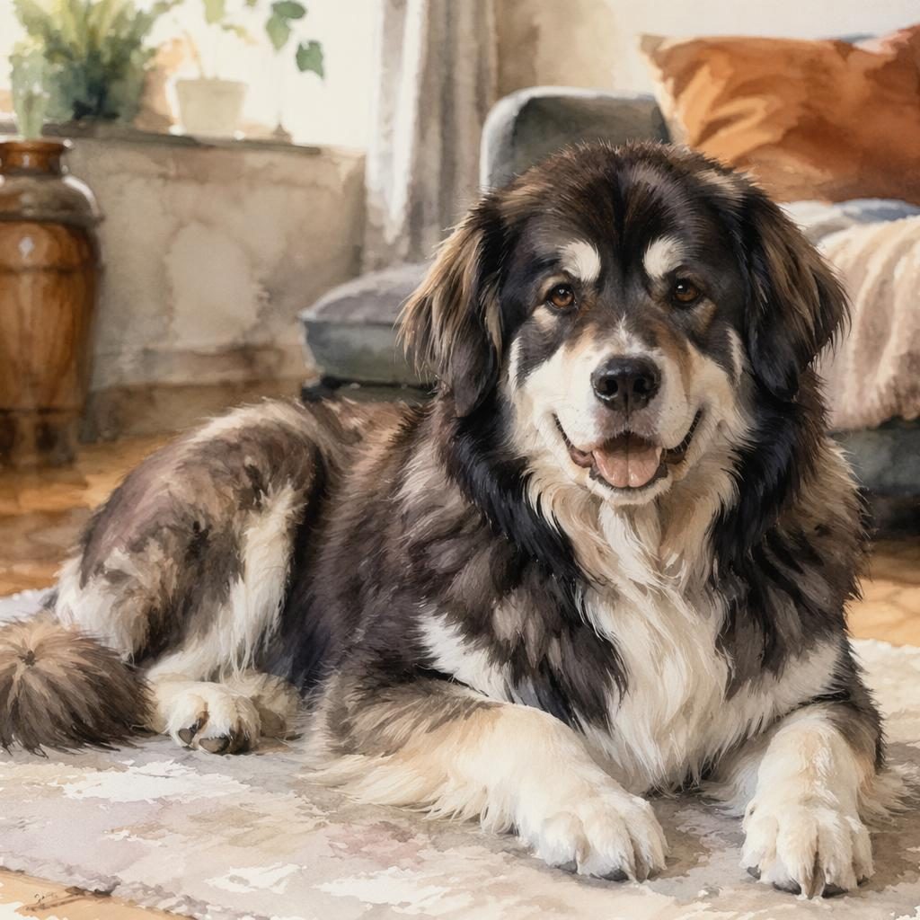 Senior Mischlingshund im Aquarellstil, entspannt im gemütlichen Wohnzimmer, mit weichem Licht und gepflegtem Fell