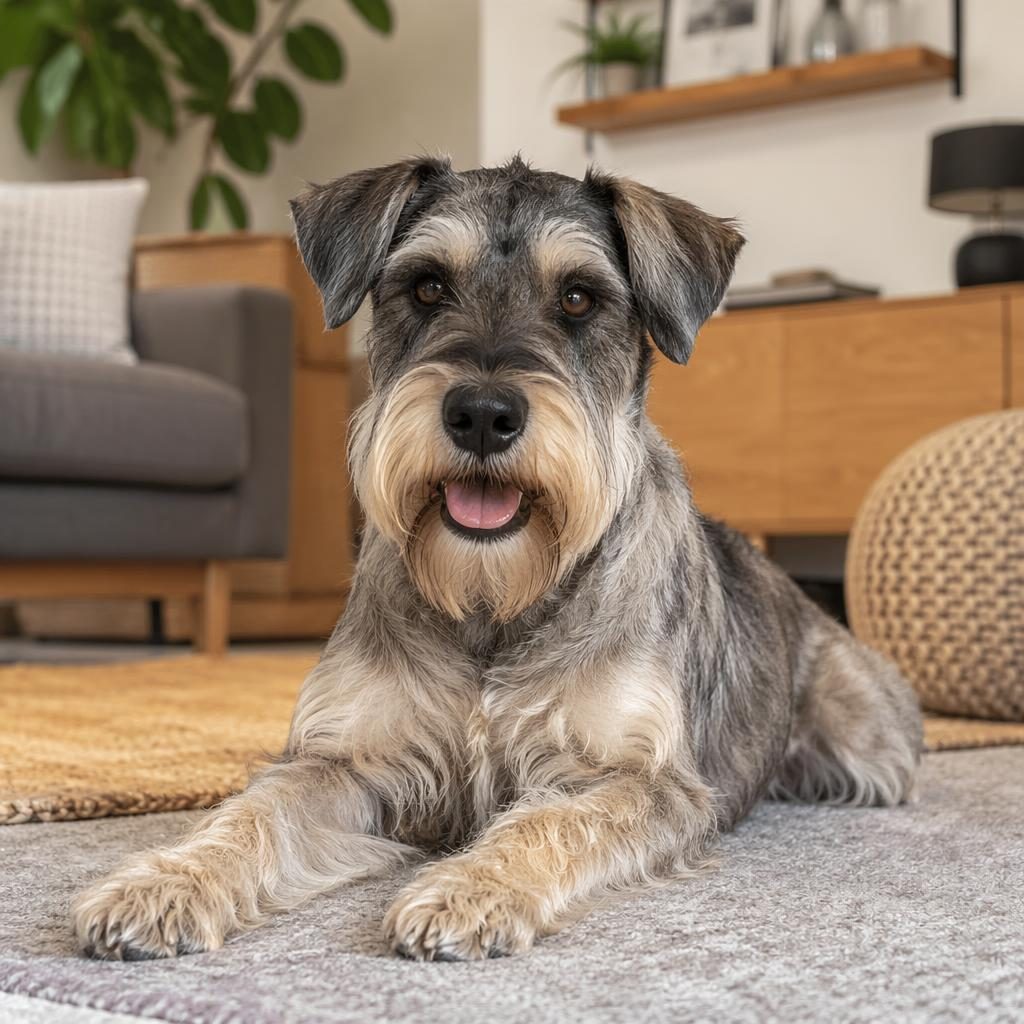 Ein einzelner entspannter Hundesenior als Mischling im gemütlichen Wohnzimmer, mit natürlichem Fell und weichem Licht.