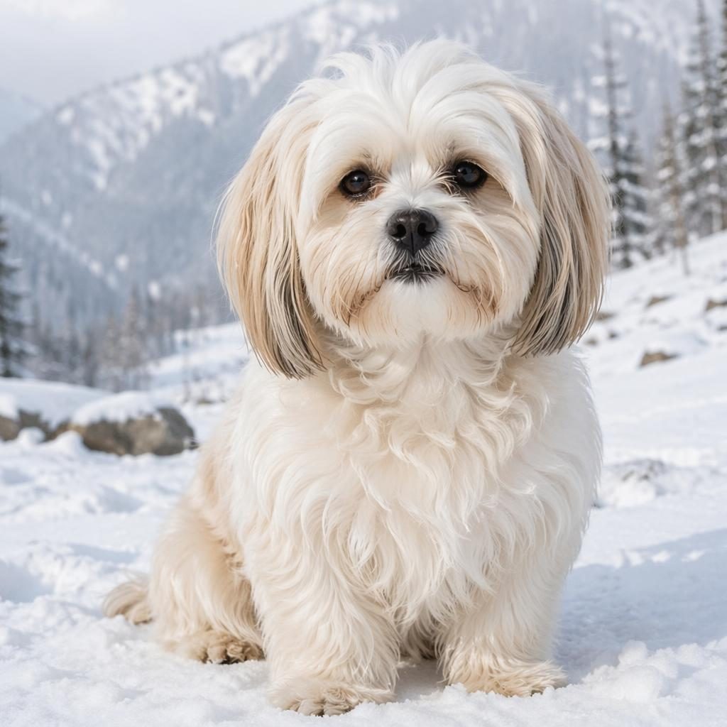 Ein einzelner freundlicher Hund in verschneiter Landschaft, realistische Fellillustration mit weichem Licht.