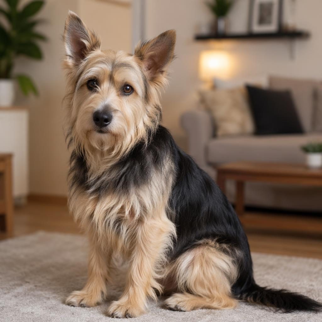 Chien croisé senior seul, style studio, pelage réaliste, détendu dans un salon cosy avec lumière naturelle douce.