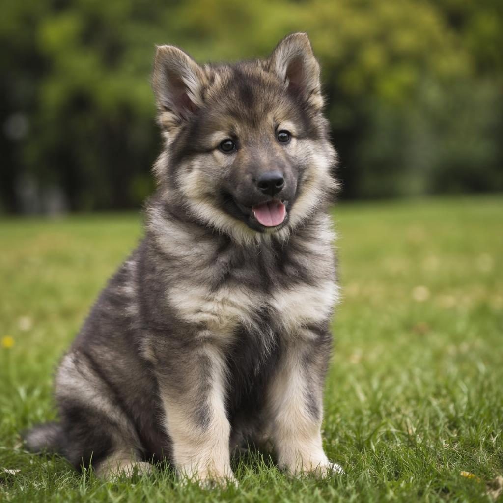 Studio-style photo of a single senior German Shepherd Poodle mix dog standing in a grass meadow, relaxed and well groomed.