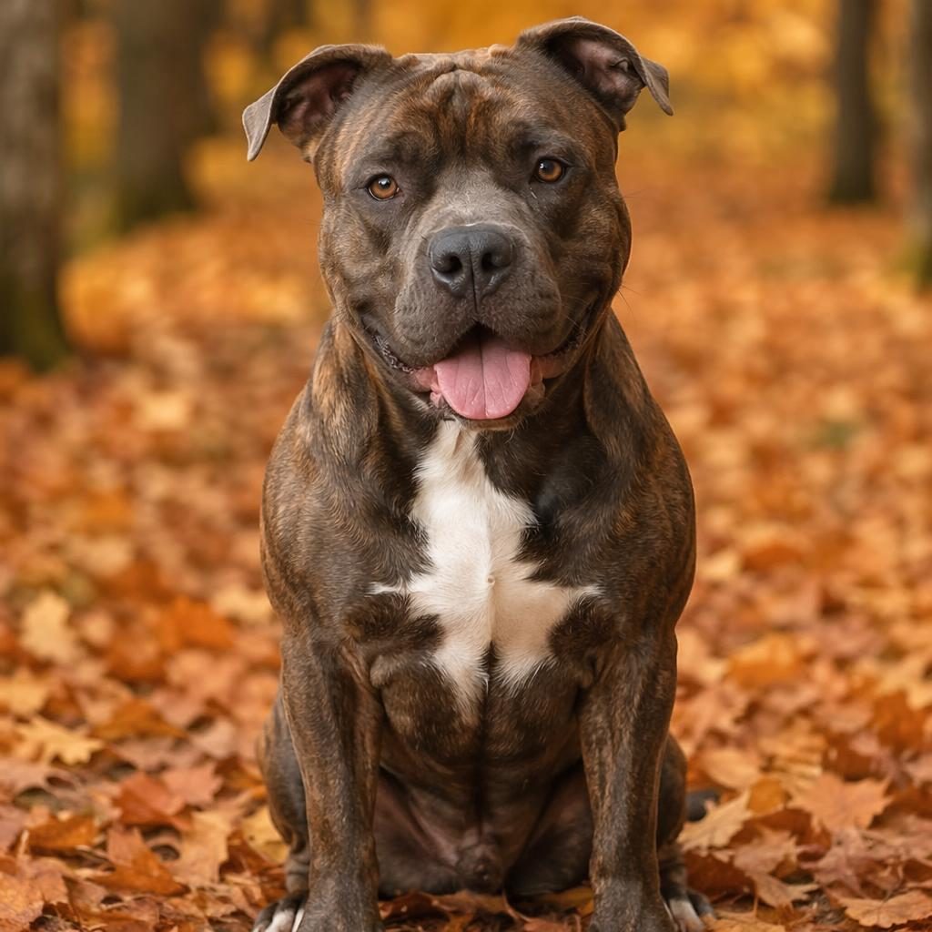 Editorial portrait of a young adult mastiff cross staffy dog in an autumn forest, relaxed, well groomed, sharp fur detail